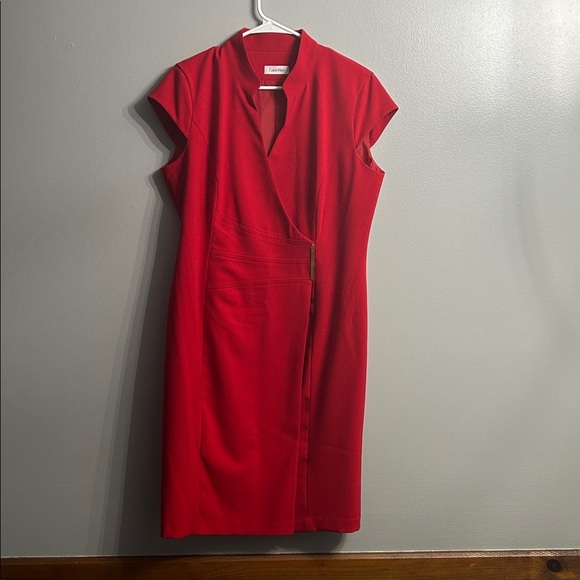Calvin Klein Dresses & Skirts - Calvin Klein Red Wrap Dress with Gold Insignia SZ 12